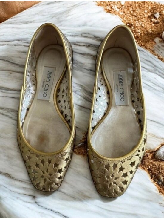 JIMMY CHOO Gold Leather Star Cutout Ballet Flats Size 35.5 - Picture 1 of 7